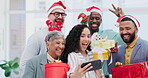 Creative people, Christmas and selfie for party celebration, festive season or December holiday at office. Happy group of employees smile at work event for gifts, surprise or photo in memory and vlog