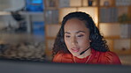 Customer service, remote work and a woman consultant talking on a headset in her home at night. Computer, call center and support with a female agent consulting online for crm problem solving