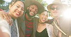 Selfie, friends and happiness outdoor, festival and social gathering, people at event and bonding. Live streaming, men and women, diversity and smile in picture or video, fun and freedom at reunion