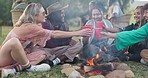 Friends cheers at music festival with drinks, fire and happiness, freedom and fun at outdoor camping event. Nature, camp and group of people picnic at campfire, happy men and women toast together.