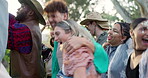 Dance, music and party with friends at festival for celebration, concert and energy in nature. Freedom, community and crowd with people dancing in audience for gen z, social event and summer