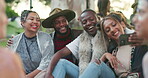 Park festival, friends and selfie with laugh, celebration and party outdoor for concert with social media. Profile picture, photography and happy young people with hug and smile of a man with freedom