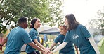 Boot camp, hand stack and friends in celebration of achievement, goal or target with applause. Clapping, campsite and group huddle of happy people together for success, support or teamwork in nature.