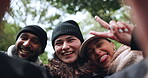 Friends, face or hikers taking a selfie while hiking outdoors in nature sharing the experience on social media. Winter, portrait or happy people take a picture or a photo while trekking together