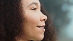 Face, happy and woman in nature, thinking and vacation in the woods to relax. Ideas, calm and facial closeup of a young girl on a holiday, camping and with confidence on a misty morning with a smile