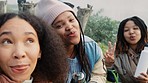 Selfie, video and peace with hiking friends together in the forest or woods to explore for adventure. Portrait, photograph and a group of women outdoor in the wilderness for bonding in nature