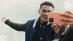 Selfie, travel and a couple hiking in nature together for adventure, fun or to explore the wilderness. Photograph, love and young people bonding while posing for a profile picture on social media