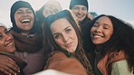 Selfie, group of happy friends and camping adventure, hugging together with diversity and friendship. Smile on face, photography and women on nature camp to relax, laugh and outdoor winter vacation.