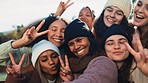 Group, women and peace sign for selfie in nature with diversity, love and emoji for post on web blog. Female people, photography and profile picture with social media, happy and together for camping