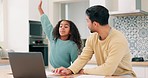 Education, video call or laptop and girl student hand raised to answer questions in a kitchen with applause from dad. Family, computer and remote or distance learning with a daughter in virtual class