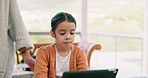 Remote learning, digital tablet and girl child with mother for education, homework or lesson in their home. Online class, homeschooling and kid student with mom in a living room streaming or studying