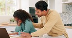 Education, encourage and a father talking to his daughter while using a notebook for learning or study. Homework, motivation or problem solving with a man and student girl in the kitchen of a home