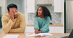 Education, tired dad and excited daughter in the kitchen of their home together for homework or study. Stress, exhausted and a single father helping his girl child with remote or distance learning