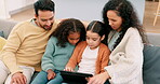 Tablet, parents and children or family at home for online education, learning or games. Multiracial man, woman and kids together in living room with tech and internet for streaming and development