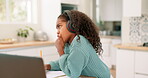Thinking, headphones and girl or child learning, writing and listening to translation or education audio at home. Ideas, memory and african kid with music streaming and electronics for online class