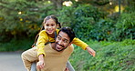 Father, daughter and piggyback in the park, love and bonding outdoor with happiness and care. Man, young girl and family, nature walk and freedom with travel, trust and support in relationship