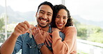 Face, couple and hug with keys in new home, moving together and real estate investment. Portrait of happy man, woman and embrace to celebrate key of house building, property finance and mortgage loan
