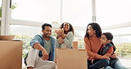 Happy, girl and family moving with teddy bear in a box or toys in new home, house or apartment with cardboard boxes. Happy couple, excited children and unpacking toy or property in the living room