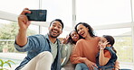 Love, selfie and happy family in a new home excited to spend quality time together in happiness and bonding. Social media, phone and parents take an online picture with kids or children for internet