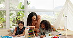 Mother, children and learning math on floor in home, studying and teaching for homeschool. Mama, education and girls with books, homework and abacus for calculation, writing and help for development.