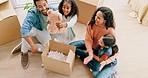 Happy family, unboxing and real estate in new home above for renovation, mortgage loan or relocation at apartment. Top view of father, mother and children box in house, investment or property owners