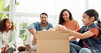 Happy girl, moving and teddy bear in family home, box or toys in new house or apartment with cardboard boxes. Couple, excited children and child smile for unpacking toy or property in the living room