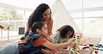 Mother, girls and learning math with abacus on floor in home, studying and teaching for homeschool. Mom, education and children with calculator, books and homework, writing and help for development.