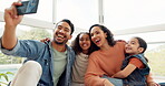 Memory, selfie and happy family in new home excited to spend quality time together in happiness and bonding. Social media, phone and parents take an online picture with kids or children for internet