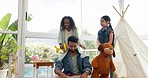 Teddy bear, father and girl children with crown in a living room applause, playing and bonding in their home. Love, games and sister kids with parent and crown in lounge happy, smile and family time