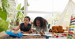 Homework, living room floor and children with books for drawing, education or a project together. Study, house and girl kids writing in a notebook for creativity, learning or playing in the lounge