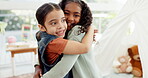 Sisters, friends or children hug at home for love, care and happiness while playing together. Portrait of multiracial girls, kids and siblings or family embrace for fun, quality time and bonding