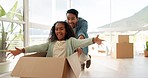 New home, dad and daughter playing with box, smile and happiness while moving to apartment. Energy, fantasy and play, father and child with boxes on living room floor, property and family investment.