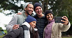 Friends, happy or campers taking a selfie or hiking outdoors in nature sharing the experience on social media. Winter, forest or active people smiling for a picture or photo while trekking together 