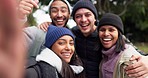 Friends, selfie and funny faces in camping memory, hiking or photography in nature for bonding hug, comedy and social media. Smile, happy and people diversity in profile picture, portrait and forest