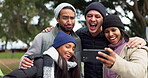 Camping, funny face or happy people taking a selfie or hiking outdoors in nature sharing an experience. Online post, campers or active people smiling for a picture or photo while trekking together