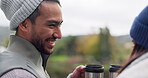 Nature, coffee toast or happy couple camping on break to relax in natural environment on holiday vacation. Back view, hikers or woman smiling or laughing with a man outdoors in woods in Peru together