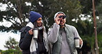 Binocular, relax or couple in nature hiking in forest together on holiday vacation outdoors on adventure. Campers, coffee or man birdwatching or looking with woman at view while bonding on a hike