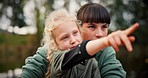 Pointing, talking and a mother and child in nature for bird watching, view or bonding in summer. Happy, love and a young mom and girl kid with a gesture at a park or mountains while speaking