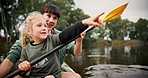 Girl, mother and pointing in kayak on river on holiday, vacation and travel together. Happy mom, child on boat and gesture for sightseeing, bonding at lake and exercise for family adventure outdoor.