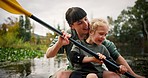 Mother, girl and rowing kayak in river on holiday, vacation or travel together. Mom, child and paddle in boat, canoeing and bonding at lake, water and learning to exercise on family adventure outdoor