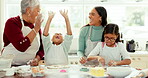 Cooking, happy and baking with big family in kitchen for learning, generations and support. Food, breakfasts and grandmother with children and mother at home for cookies, teaching and chef