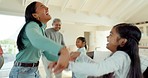 Parents, kids and grandparents in living room dancing with fun, bonding and happiness in quality time together. Music, dance and happy family in home with grandfather, mother and children