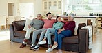 Senior parents with their adult children on a sofa in the living room for relaxing or bonding. Happy, smile and elderly mother and father with their kids laughing while in conversation at family home