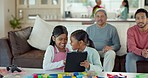 Kids, tablet and family home with tech and education app for development with a smile. Living room, children and digital game in a lounge with internet and youth website with a smile online on tech