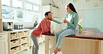 Love, coffee and relax with couple in kitchen for trust, support and conversation. Happy, smile and morning with man and woman drinking tea together at home for wellness, happiness and free time