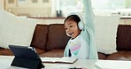 Little girl, tablet and question in elearning, virtual classroom or education and knowledge at home. Excited child raising hand in remote FAQ, online learning or answer with technology in living room