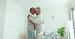 Love, home and senior couple dancing, celebration and happiness with retirement, romance and bonding. Romantic, old man and elderly woman with energy, move and support with marriage and quality time