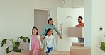 Parents, kids and box at front door in new home, investment or happy for fresh start with property. Parents, girl children and moving with cardboard package, excited face and together in family house