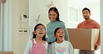 Parents, children and moving, wow for new house with excited surprise and happy future apartment. Boxes, investing in property and young mom, dad and shocked girl kids smile in family home together.