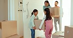 Parents, kids and helping with boxes in new house with excited and happy future in apartment. Moving, investing in property and young mom, dad and girl children with cardboard in family home together